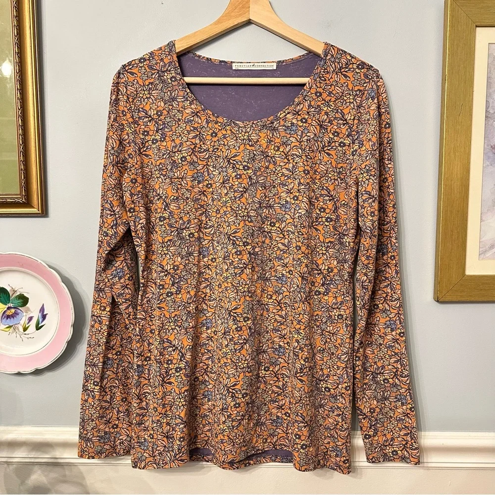 Peruvian Connection Floral Top Medium Long Sleeve Orange Boho Artsy Pima Cotton - Picture 1 of 7